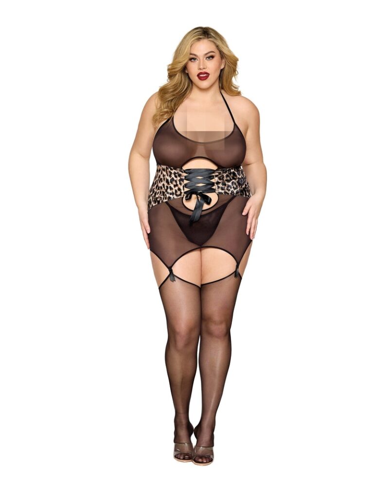 Stretch mesh garter slip and g string set