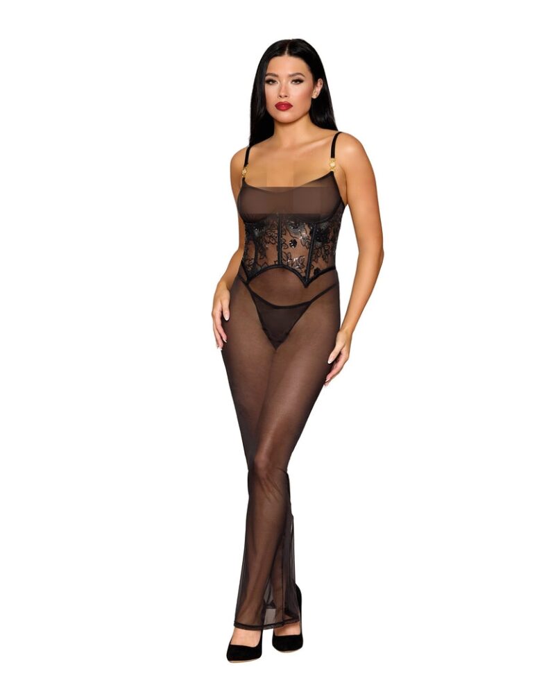 Medi mesh gown with sequin embroidery waist corset detail with matching g string set