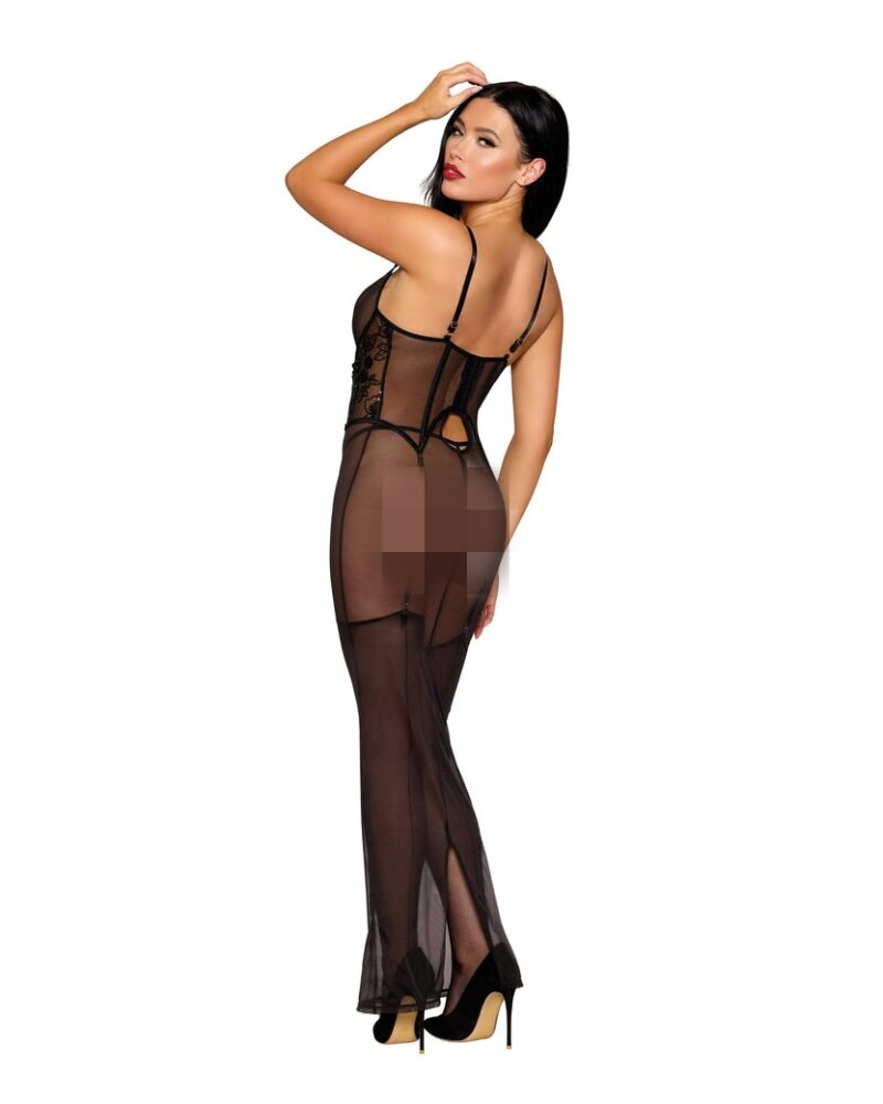 Medi mesh gown with sequin embroidery waist corset detail with matching g string set