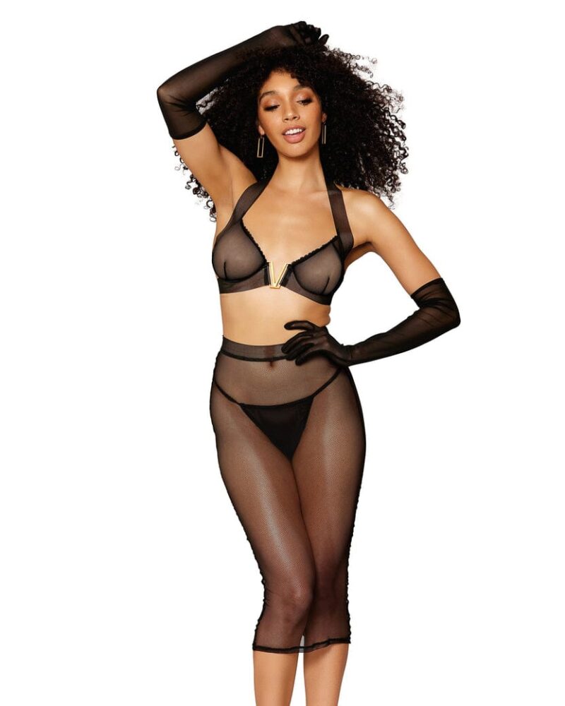 Stretch fishnet bra and slip skirt  set