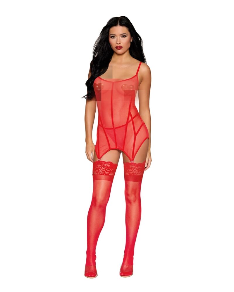 stretch mesh velvet garter slip and g string set