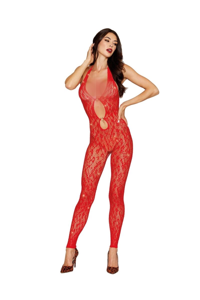 Knitted leopard print bodystocking with rhinestone