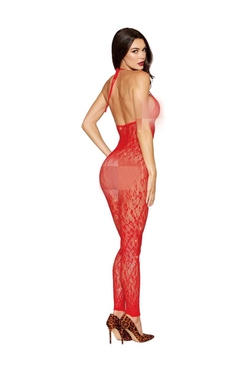 Knitted leopard print bodystocking with rhinestone