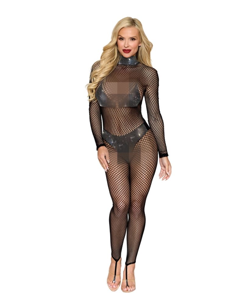 Fishnet bodystocking with opaque knitted collar, bra and high waisted panty